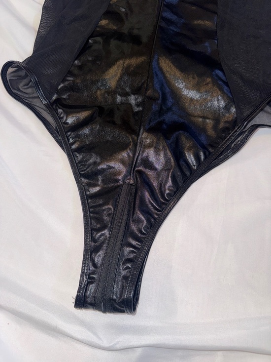 Woman’s Black Shiny Zip-Front Sheer Panel Bodysuit - Picture 7 of 7